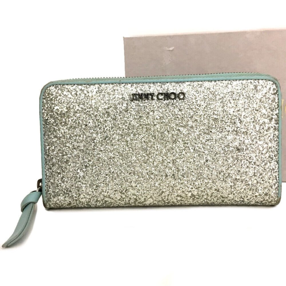 Jimmy Choo Logo Silver Lame Zip Around Long Wallet/ 1E6525